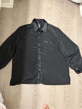 Laura Scott Black Satin-Trim Button Front Shirt Jacket